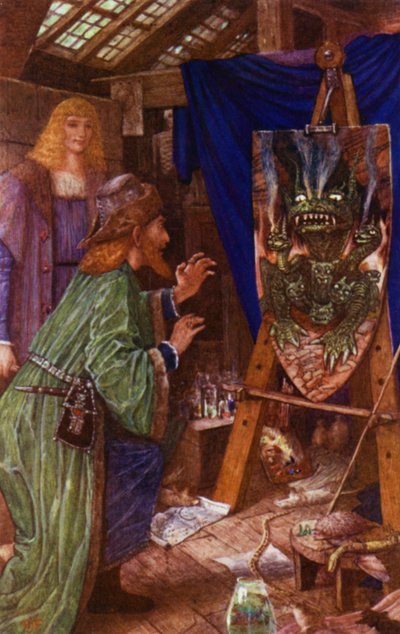 Leonardo erschreckt seinen Vater mit dem Monster, das er auf seinen Schild gemalt hat von Henry Justice Ford