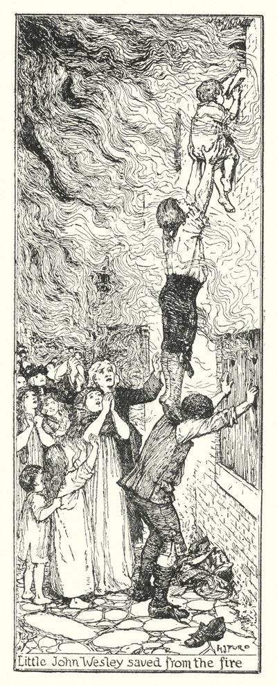 Der kleine John Wesley aus dem Feuer gerettet (Lithografie) von Henry Justice Ford