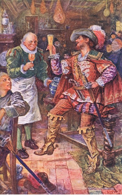 Michael Lambourne trinkt mit dem Wirt des Schwarzen Bären, Illustration aus Kenilworth, ca. 1910 von Henry Justice Ford