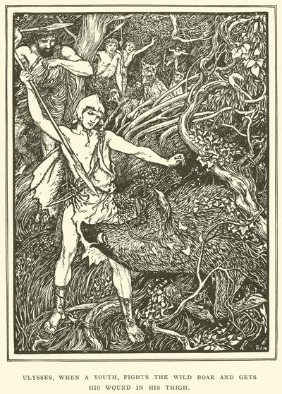 Odysseus kämpft als Jugendlicher gegen den Wildschwein und bekommt seine Wunde am Oberschenkel von Henry Justice Ford