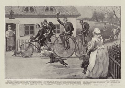 Fahrräder in der deutschen Armee, Soldaten kehren auf Urlaub durch ein Dorf zurück von Henry Marriott Paget