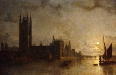 Westminster Abbey, die Houses of Parliament mit dem Bau der Westminster Bridge, 1859 von Henry Pether