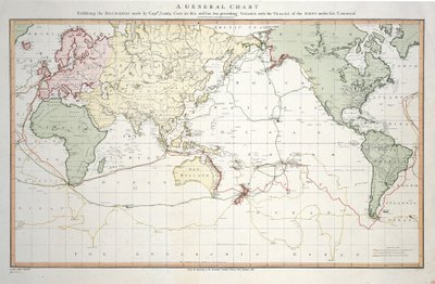 Allgemeine Karte der Entdeckungen von Kapitän James Cook auf dieser und seinen zwei vorhergehenden Reisen mit den Routen der Schiffe unter seinem Kommando. Von Leutnant Roberts von seiner Majestät Marine von Henry Roberts