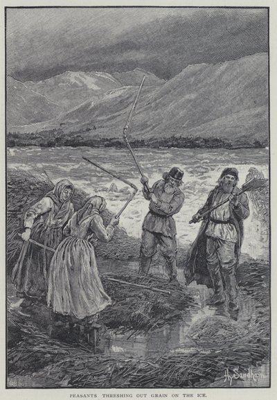 Bauern dreschen Getreide auf dem Eis von Henry Sandham