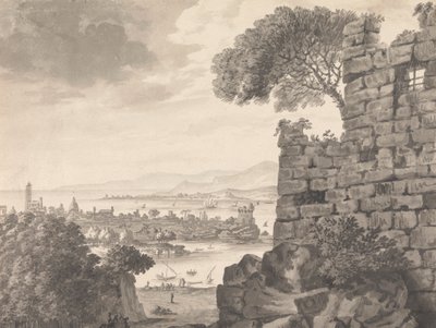 Landschaft mit Ruinen im Vordergrund, Hafen und Dorf im Hintergrund von Henry Swinburne
