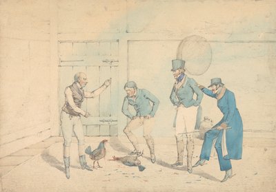 Ein von vier Männern in einem Nebengebäude beobachteter Hahnenkampf: Der Tod, als Tafel 40 in „The National Sports of Great Britain“ gestochen von Henry Thomas Alken