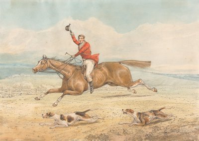 Ein Peitschenführer und ein Paar Hunde laufen schnell im offenen Land von Henry Thomas Alken