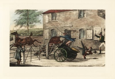 Englische Herren in einer zweispännigen Kutsche, die versuchen, ein Mauttor zu überspringen von Henry Thomas Alken