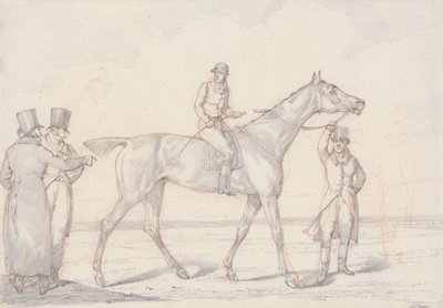 „Schnipsel“, Nr. 15: Rennpferd mit Jockey im Sattel, zwei Männer besprechen das Pferd von Henry Thomas Alken
