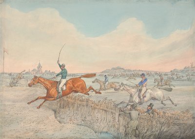 Hindernisrennen: Zwei Reiter überspringen einen Holzzaun von Henry Thomas Alken