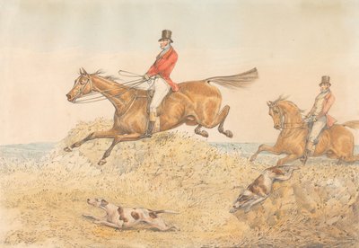 Zwei Reiter und ein Paar Hunde, die eine Mauer überwinden von Henry Thomas Alken