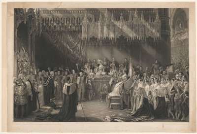 Krönung von Königin Victoria von England. Nach George Hayter, mit Adresse von Graves und Warmsby. Holzschnittskizze und Legende beigefügt von Henry Thomas Ryall