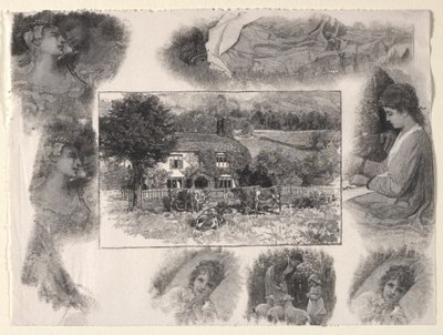 Landschaft mit Hütte und Kühen umgeben von verschiedenen Skizzen von Henry Wolf