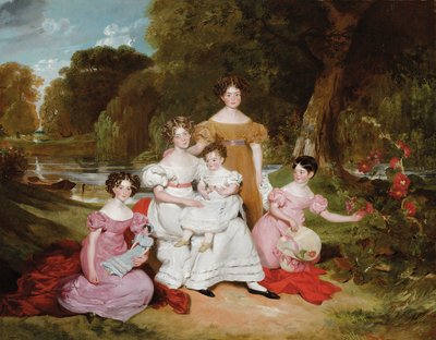 Gruppenporträt der Familie Ward Hunt in einer Landschaft vor einem Fluss von Henry Wyatt