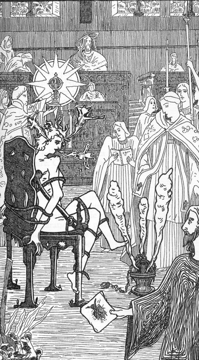 Darstellung einer Exorzismuszeremonie, Zeichnung von Henry de Malvost aus „Satanismus und Magie“ von Jules Bois 1895 von Henry de Malvost