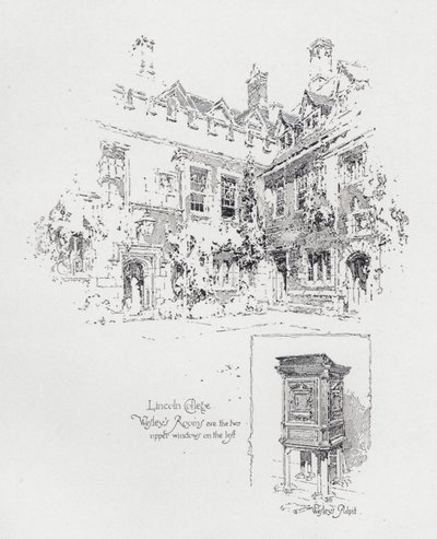 Kanzel, die vom englischen methodistischen Prediger John Wesley benutzt wurde, und seine Zimmer im Lincoln College, Oxford von Herbert (after) Railton