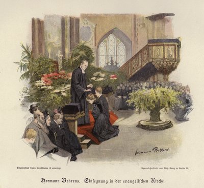 Konfirmationsgottesdienst in einer evangelischen Kirche (farbige Gravur) von Hermann Behrens