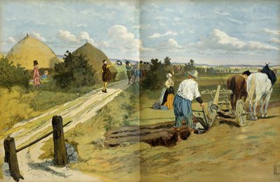 Bauern sahen den Durchzug von Plünderern und Marodeuren, die von der königlichen Armee Heinrichs IV. gefangen genommen wurden. Illustration von Hermann Vogel