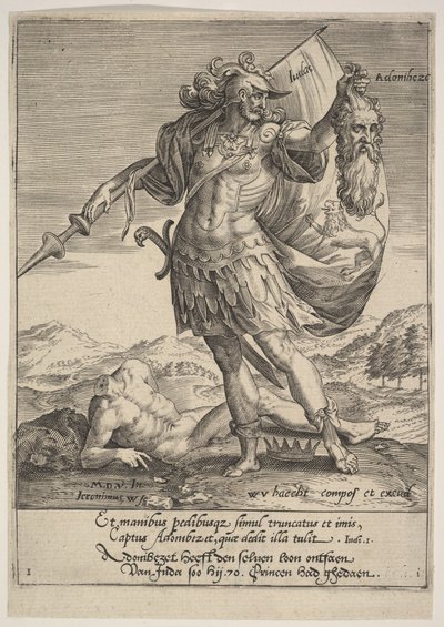 Judah mit dem Kopf von Adonibezek, aus Willem van Haecht, Tyrannorum proemia, 1578 von Hieronymous Wierix