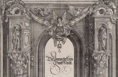 Der obere Teil des Eingangs zum zentralen Portal mit einer geflügelten Figur, die das I..., 1515 von Hieronymus Andreae