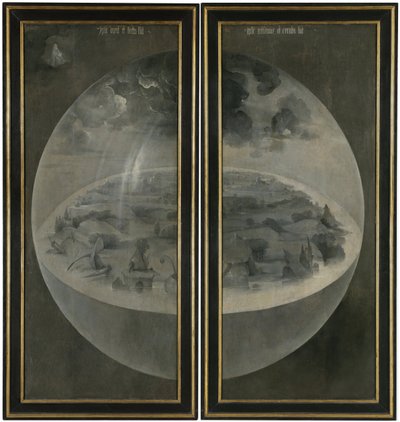 Die Erschaffung der Welt, Darstellung der kosmischen Sphäre der Erde (Bulle). Rückseite der Flügel des Triptychons "Der Garten der Lüste" von Hieronymus Bosch