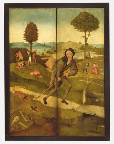 Der Heuwagen, mit geschlossenen Tafeln, die Jedermann auf dem Lebensweg zeigen von Hieronymus Bosch