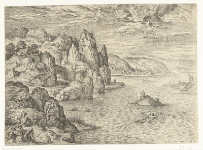 Küstenlandschaft mit Hero und Leander (Landschaften mit biblischen und mythologischen Szenen) von Hieronymus Cock