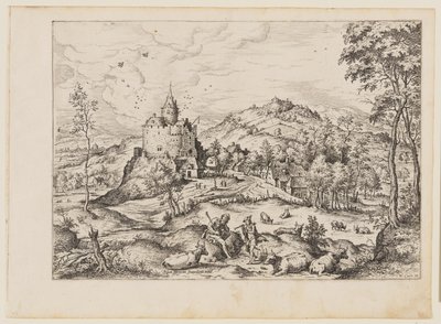 Merkur wiegt Argus in den Schlaf, aus Landschaften mit biblischen und mythologischen Szenen von Hieronymus Cock