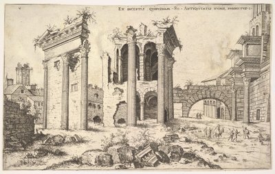 Ansicht unbekannter Ruinen mit trabeierter Fassade links, Arkaden in der Mitte und Bogen, 1551 von Hieronymus Cock