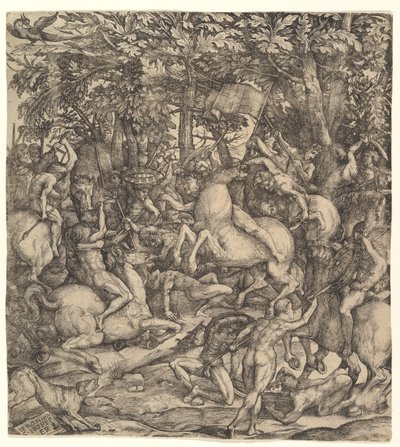 Schlacht zwischen Kavallerie und Infanterie in einem Wald von Hieronymus Hopfer
