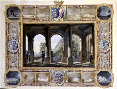 Der Palais Royal, Paris, umgeben von Vignetten der Kindheitsresidenzen von Charles Ferdinand, dem Herzog von Berry (1778-1820) und seiner Frau Maria Caroline von Bourbon von Hilaire Thierry