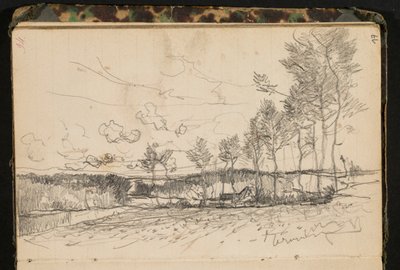 Landschaft mit Bäumen und einem Bauernhof (Seite aus einem Skizzenbuch) von Hippolyte Boulenger