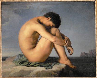 Junger Mann nackt am Meer sitzend von Hippolyte Flandrin