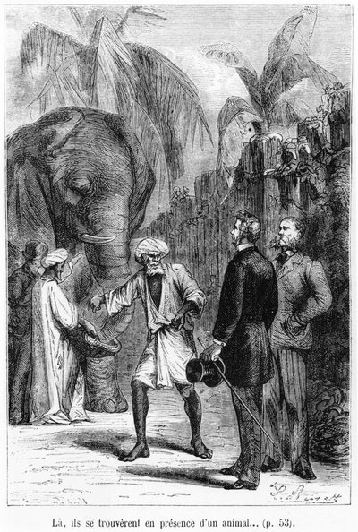 Phileas Fogg vor einem Elefanten, Illustration aus 