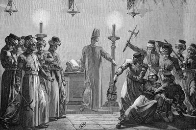 Ritueller Mord begangen von den Daniten, laut den Anschuldigungen der Mormonengegner, gezeichnet von David und graviert von A. Gusmand von Hippolyte Leon Benett
