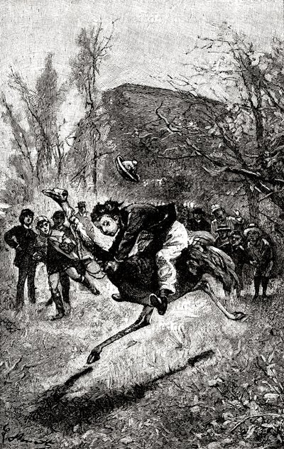 Der junge Service reitet auf einem Strauß. Gravur von Hippolyte Leon Benett