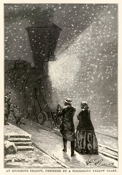 Ein riesiger Schatten, begleitet von einem flackernden gelben Schein, aus In 80 Tagen um die Welt von Jules Verne (1828-1905) graviert von Adolphe François Pannemaker (1822-1900), 1873 von Hippolyte Leon after Benett