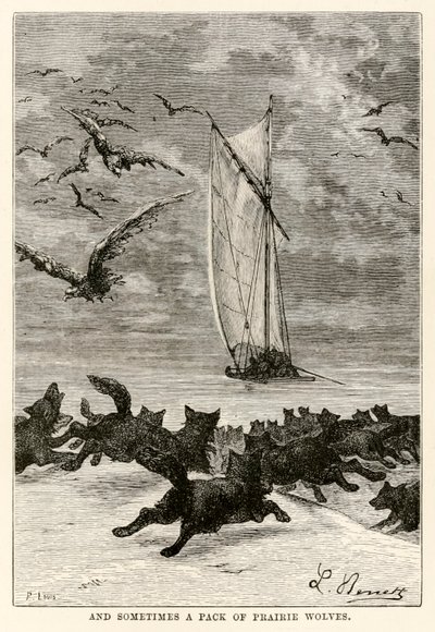 Und manchmal ein Rudel Präriewölfe, aus In 80 Tagen um die Welt von Jules Verne (1828-1905) graviert von Louis, 1873 von Hippolyte Leon after Benett
