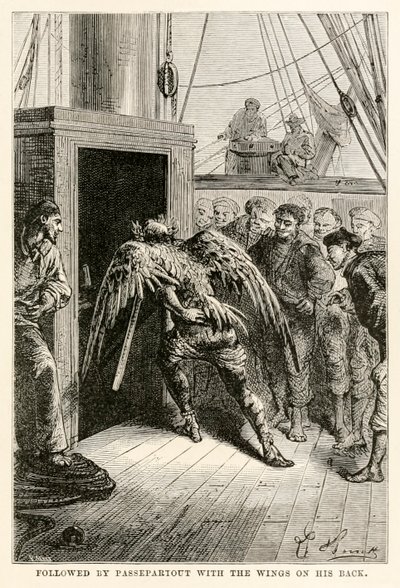 Gefolgt von Passepartout mit den Flügeln auf dem Rücken, aus In 80 Tagen um die Welt von Jules Verne (1828-1905), graviert von Adolphe François Pannemaker (1822-1900), 1873 von Hippolyte Leon after Benett