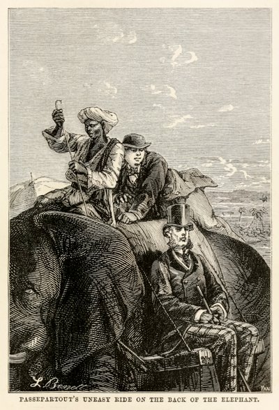 Passepartouts unruhige Fahrt auf dem Rücken des Elefanten, aus In 80 Tagen um die Welt von Jules Verne, graviert von Adolphe François Pannemaker, 1873 von Hippolyte Leon after Benett