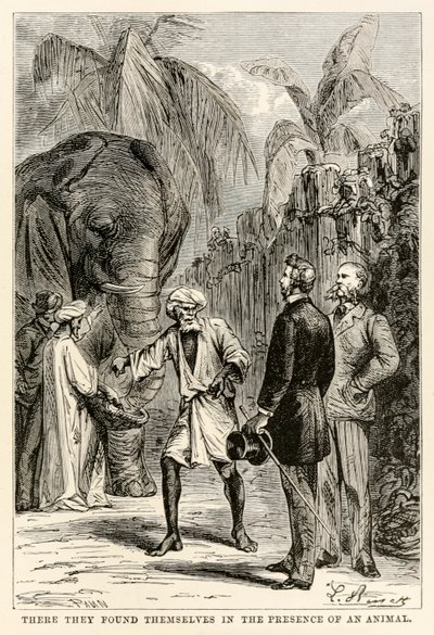 Dort fanden sie sich in der Gegenwart eines Tieres, aus In 80 Tagen um die Welt von Jules Verne, graviert von Adolphe François Pannemaker, 1873 von Hippolyte Leon after Benett