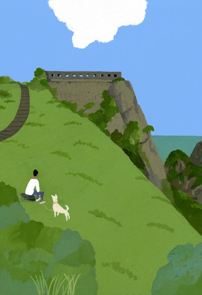 Ruhe mit einem Hund auf einem Grashügel von Hiroyuki Izutsu