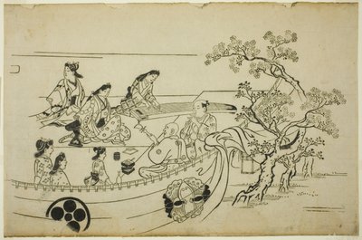 Blumenbetrachtungsparty mit Wappen-Vorhang, aus der Serie "Blumenbetrachtung in Ueno (Ueno hanami no tei)" von Hishikawa Moronobu