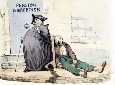 Ein dicker und wohlgenährter Priester neben einem armen Patienten, der auf dem Boden liegt - in „La Silhouette“ von Honoré Daumier
