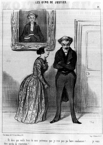 Und zu sagen, dass dies drei meiner Angeklagten sind, die ich nicht verurteilen konnte!... verlorener Ruf!... , aus der „Gens de Justice“, Serie von Karikaturen über die Justiz von Honore Daumier (1808-1879). „Charivari“ von Honoré Daumier