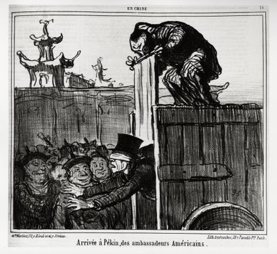 Ankunft der amerikanischen Botschafter in Peking. In der Serie En Chine, Illustration von Honore Daumier (1808-1879), veröffentlicht in „Charivari“, datiert 13. Oktober 1859 von Honoré Daumier