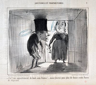 Werk von Honore Daumier (1854): Serie TENNIQUES AND OWNERS „Das!... eine Wohnung für achthundert Francs!... aber ich werde mehr als zwölfhundert Francs für Hüte ausgeben“ von Honoré Daumier