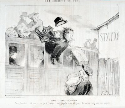 Serie „Die Eisenbahnen“. „Dreißig Sekunden Station - Tiens Joseph! Hier ist alles, was ich dir schicken muss... drei Pakete und ein Reisender - Vor allem achte auf die Pakete“. von Honoré Daumier