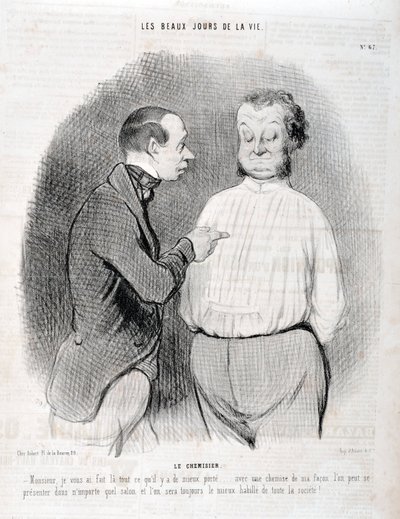 Werk von Honore Daumier (1808-1879). Charivari stammt aus dem Jahr 1845: Serie LES BEAUX DAYS DE LA VIE. Die Bluse - Herr, ich habe Ihnen das beste Kleidungsstück gemacht... mit einem Hemd auf meine Weise können Sie sich in jedem Wohnzimmer präsentieren un von Honoré Daumier