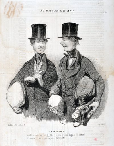 Werk von Honore Daumier (1808-1879). Charivari stammt aus dem Jahr 1845: Serie LES BEAUX DAYS DE LA VIE. Im Karneval - Lachen wir und tanzen! Ich werde enttäuscht sein, so schlau! Berühmt! Wir können dich nicht erkennen... MUSEUM DER SCHÖNEN KÜNSTE - PALAS von Honoré Daumier